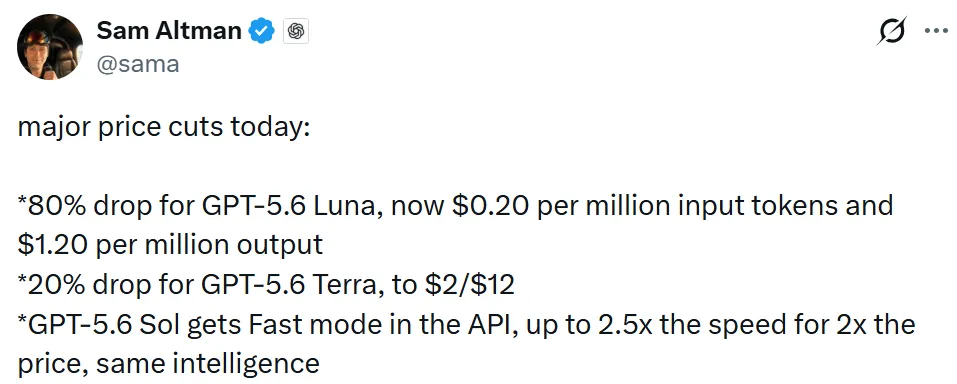 OpenAI一夜大降价！GPT-5.6 Luna暴降80%(图1)