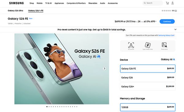 4699元起！三星Galaxy S26 FE开售：Exyno