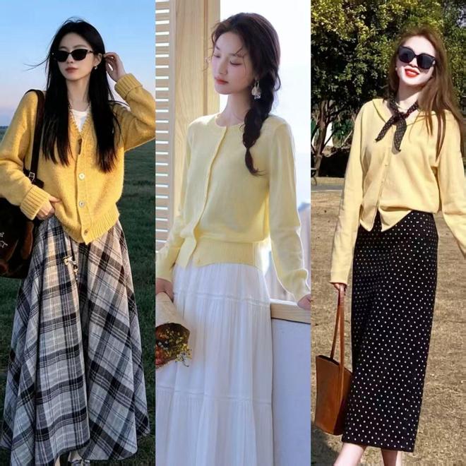 早秋外套别总穿黑色，准备一件黄色针织衫，温柔大方又减龄(图8)