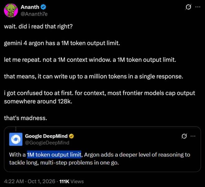 谷歌发布Gemini 4 Argon：单次输出上限达100万Token(图2)