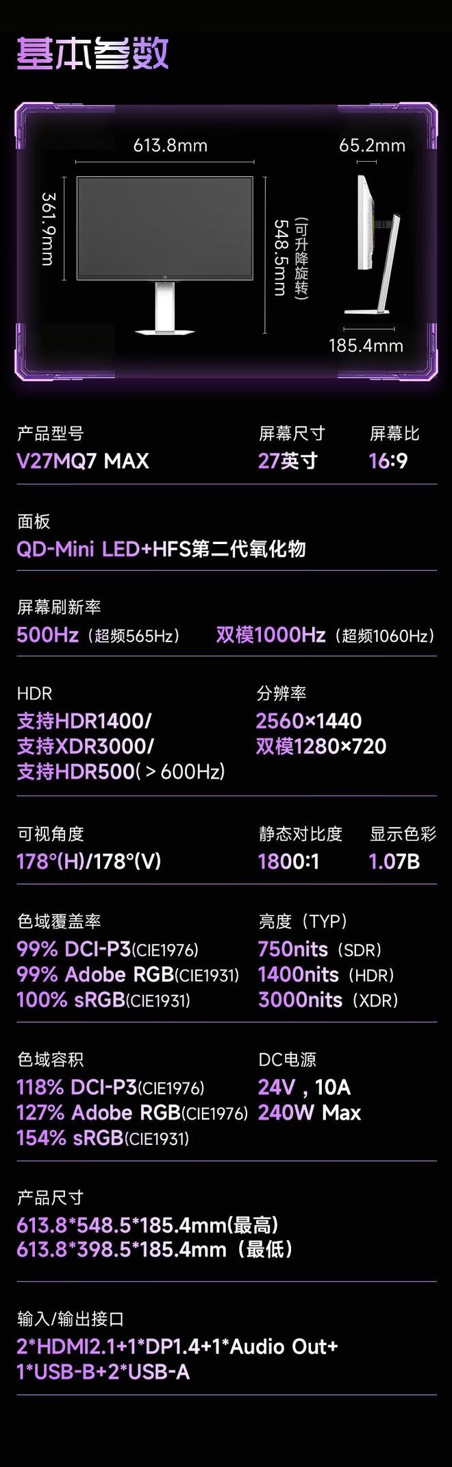 泰坦军团V27MQ7 MAX显示器开售：27英寸2K 565Hz双模，5555元(图5)