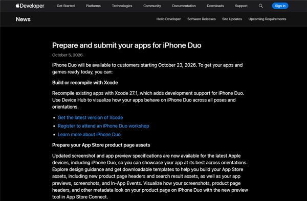 iPhone Duo发售在即！苹果开放适配应用提交：2027