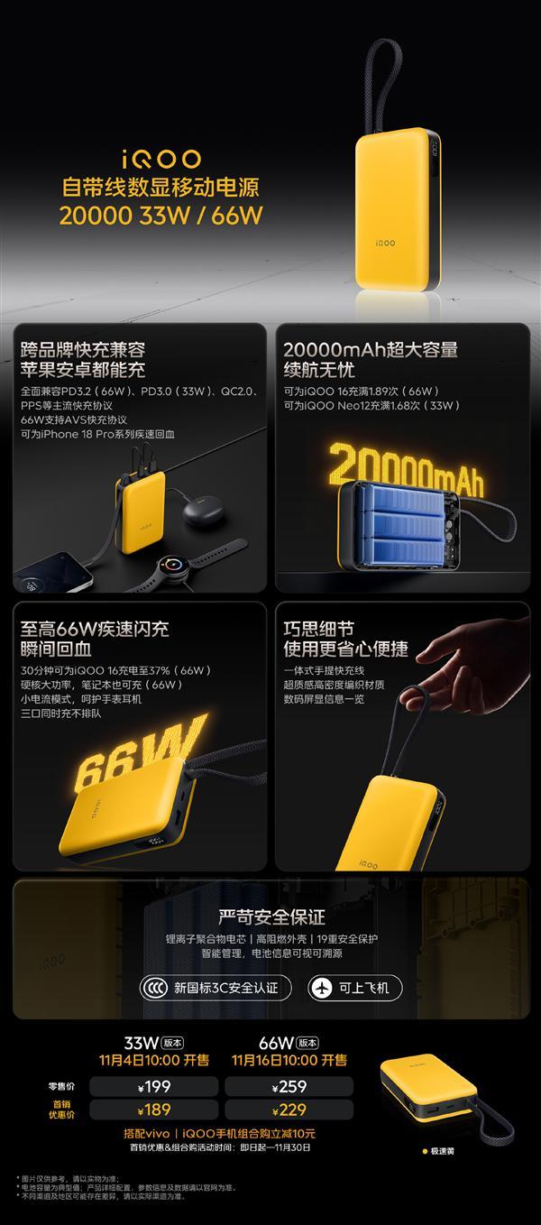 189元起 iQOO自带线数显移动电源20000发布：至高66W闪充(图1)